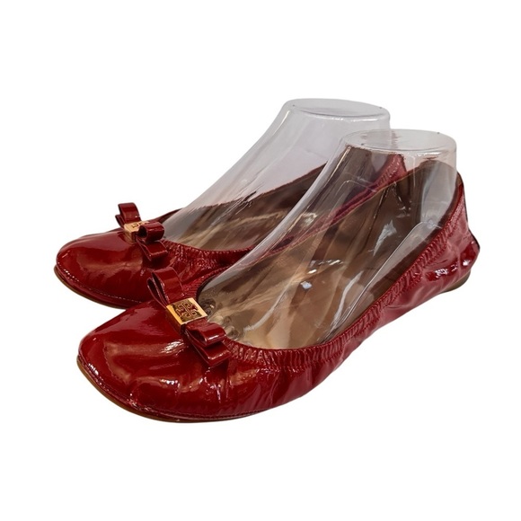 Tory Burch Red Eddie Logo Bow Smooth Patent Leather Ballet Flats Size 8.5 - Picture 1 of 13